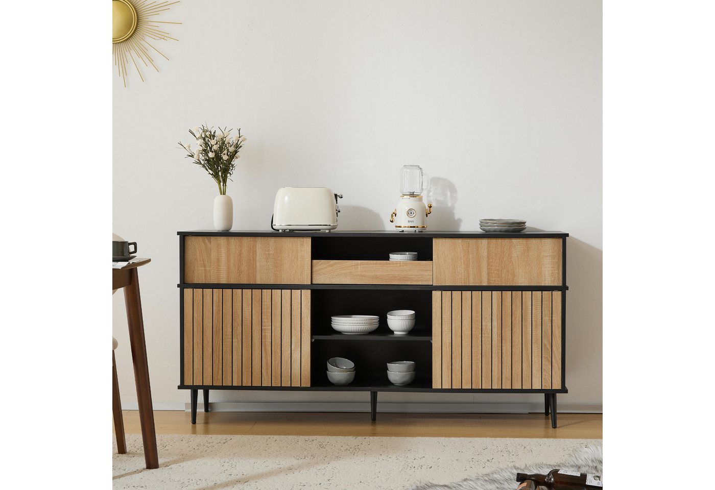 STILVORA Sideboard mit Schiebetüren,Aufwahrungsschrank Beistellschrank mit Schublade (Kommode, Wohnzimmerschrank,Anrichte, 1 St., 4 Schiebetüren und 1 Schublade), mit Harmonisches Kontrastdesign, Eichenfarbe und schwarze Kombination von STILVORA