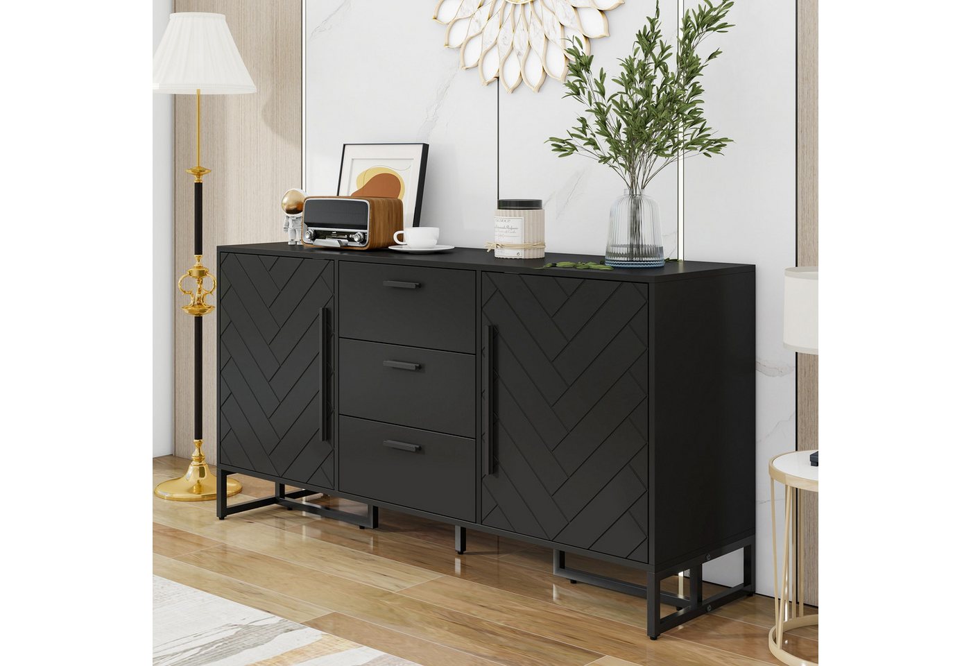 STILVORA Sideboard mit Schublade,Aufwahrungsschrank Beistellschrank mit Fischgrätenmuster (Schwarzes Sideboard mit Fischgrätenmuster – 2 Türen & 3 Schubladen für Esszimmer, Küche & Wohnzimmer – Elegantes Design, Vielseitige Aufbewahrungslösungen) STILVORA Sideboard mit Schublade,Aufwahrungsschrank Beistellschrank mit Fischgrätenmuster (Schwarzes Sideboard mit Fischgrätenmuster – 2 Türen & 3 Schubladen für Esszimmer, Küche & Wohnzimmer – Elegantes Design, Vielseitige Aufbewahrungslösungen) von STILVORA