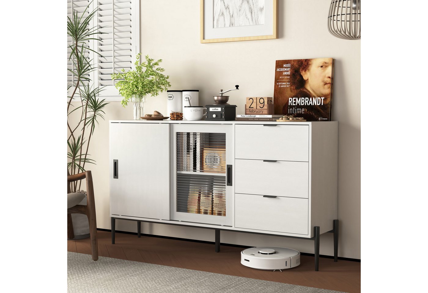 STILVORA Sideboard mit Schubladen,Aufwahrungschrank Beistellschrank mit Glasschiebetür (Modernes Sideboard mit Glasschiebetür & 3 Schubladen – Konsolentisch, Weiß, Retro-Design mit geripptem Glas, stabil & langlebig, 1 St) STILVORA Sideboard mit Schubladen,Aufwahrungschrank Beistellschrank mit Glasschiebetür (Modernes Sideboard mit Glasschiebetür & 3 Schubladen – Konsolentisch, Weiß, Retro-Design mit geripptem Glas, stabil & langlebig, 1 St) von STILVORA