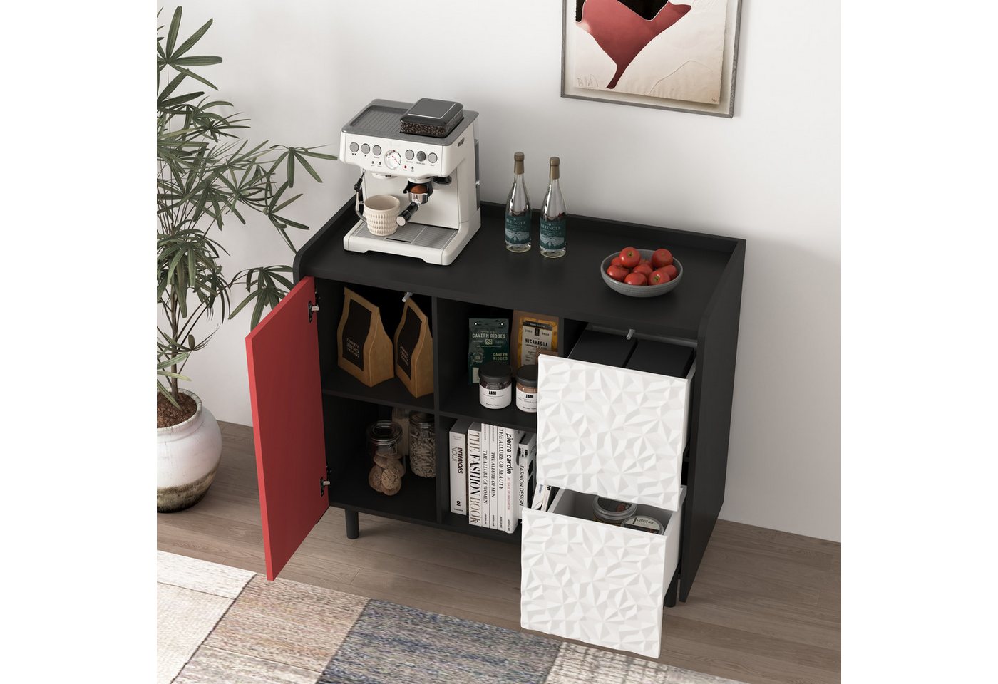 STILVORA Sideboard mit Schubladen,Aufwahrungschrank Beistellschrank mit Lagerfächern (Einzigartigem Paneel-Styling – 2 Schubladen & 2 offene Fächer, 1 St) von STILVORA