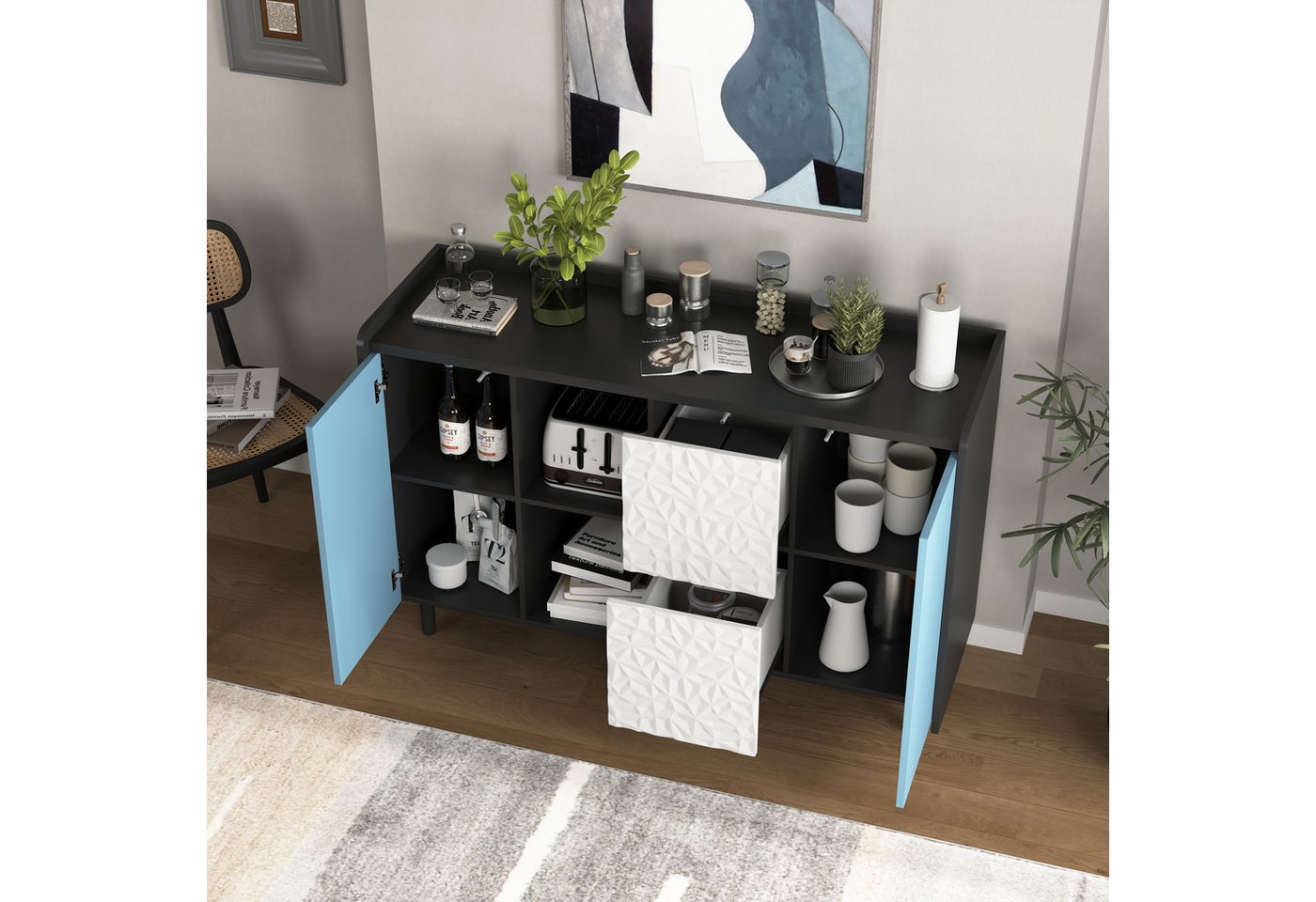 STILVORA Sideboard mit Schubladen,Aufwahrungschrank Beistellschrank mit Lagerfächern (Einzigartigem Paneel-Styling – 2 Schubladen & 2 offene Fächer, 1 St) von STILVORA