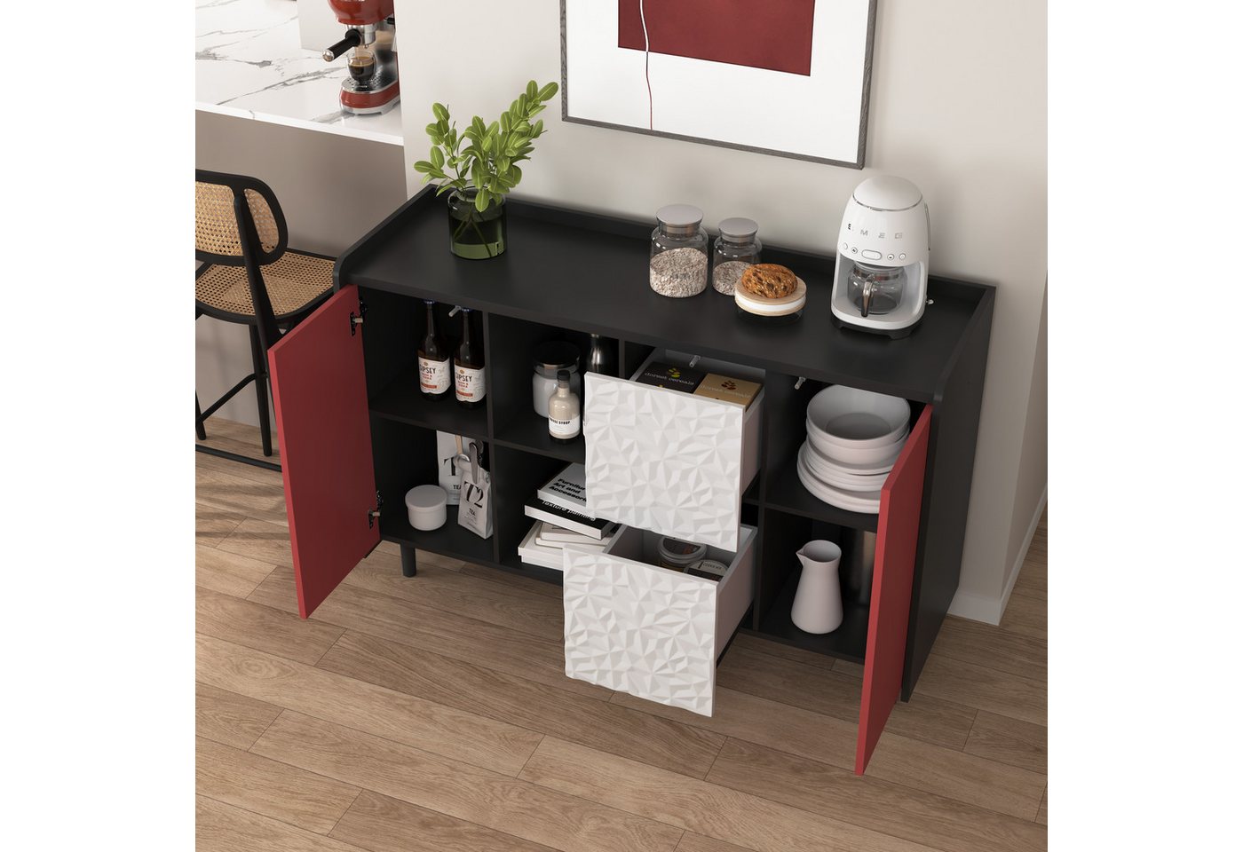 STILVORA Sideboard mit Schubladen,Aufwahrungschrank Beistellschrank mit Lagerfächern (Einzigartigem Paneel-Styling – 2 Schubladen & 2 offene Fächer, 1 St) von STILVORA