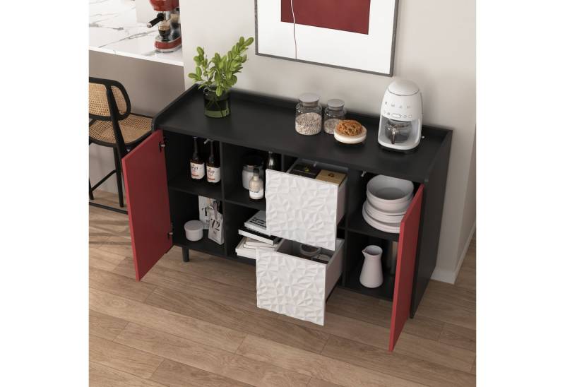 STILVORA Sideboard mit Schubladen,Aufwahrungschrank Beistellschrank mit Lagerfächern (Einzigartigem Paneel-Styling – 2 Schubladen & 2 offene Fächer, 1 St) von STILVORA