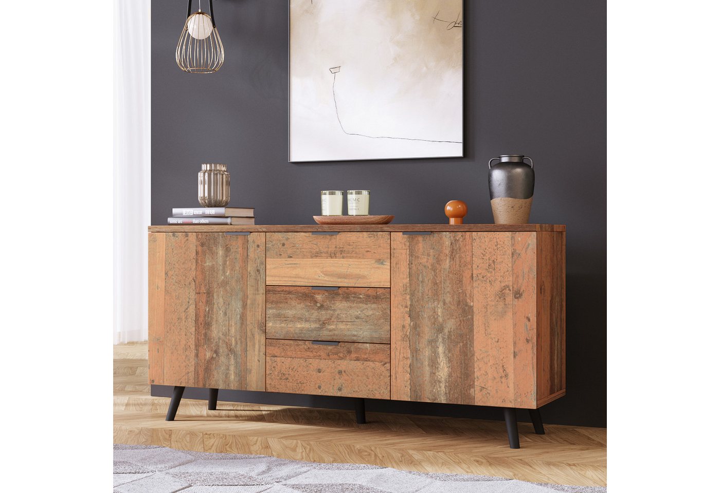 STILVORA Sideboard mit Schubladen,Beistellschrank Aufbewahrungsschrank grifflos mit Regal (Highboard mit verstellbaren Ablagen, mit 3 Schubladen und 2 Türen), Altholz-Optik von STILVORA