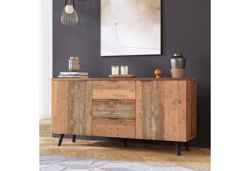 STILVORA Sideboard mit Schubladen,Beistellschrank Aufbewahrungsschrank grifflos mit Regal (Highboard mit verstellbaren Ablagen, mit 3 Schubladen und 2 Türen), Altholz-Optik von STILVORA
