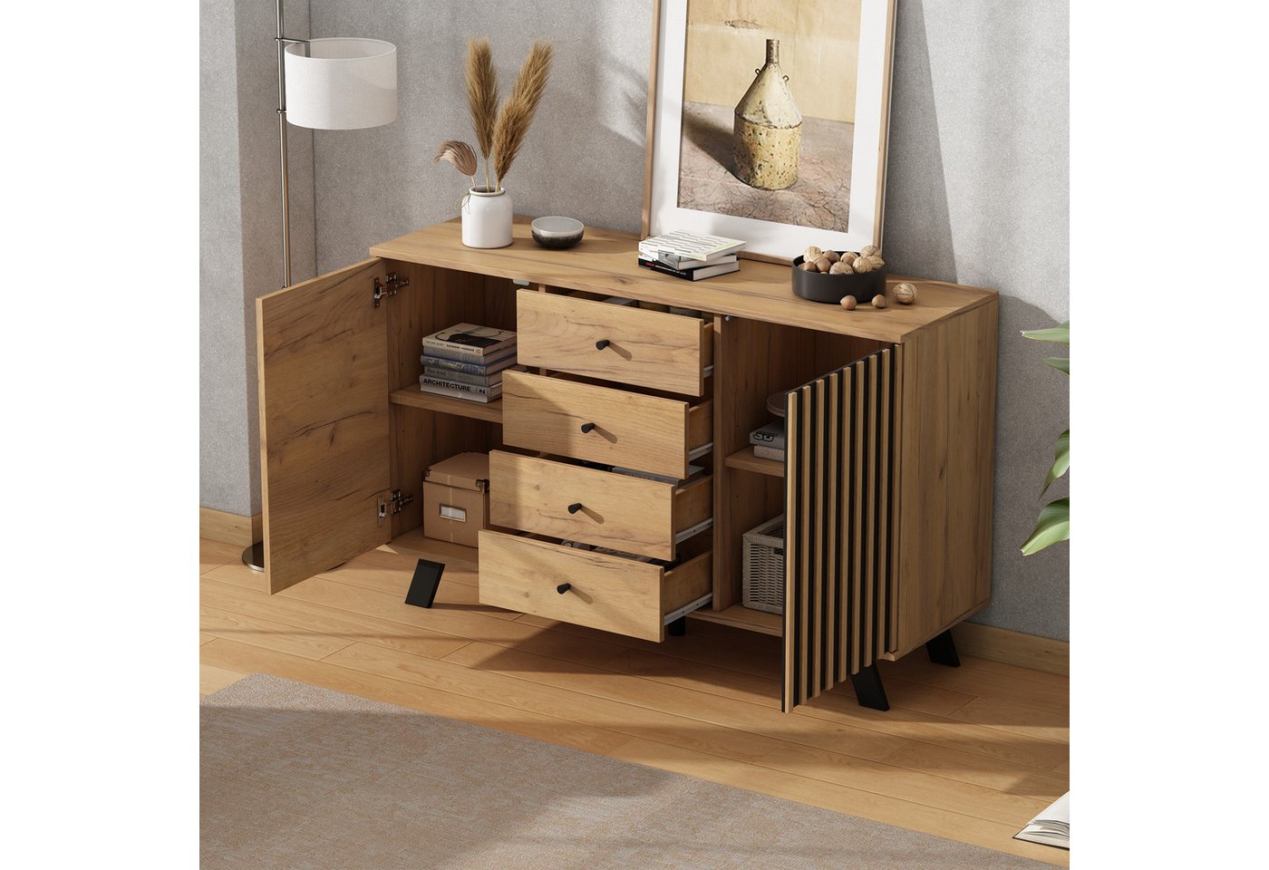 STILVORA Sideboard mit Schubladen,Beistellschrank Aufwahrungsschrank mit Stauraum (Anrichte, Buffetschrank, 1 St., mit 4 Schubladen, 2 Türen), 120cm breite Kommode, Hohldesign von STILVORA