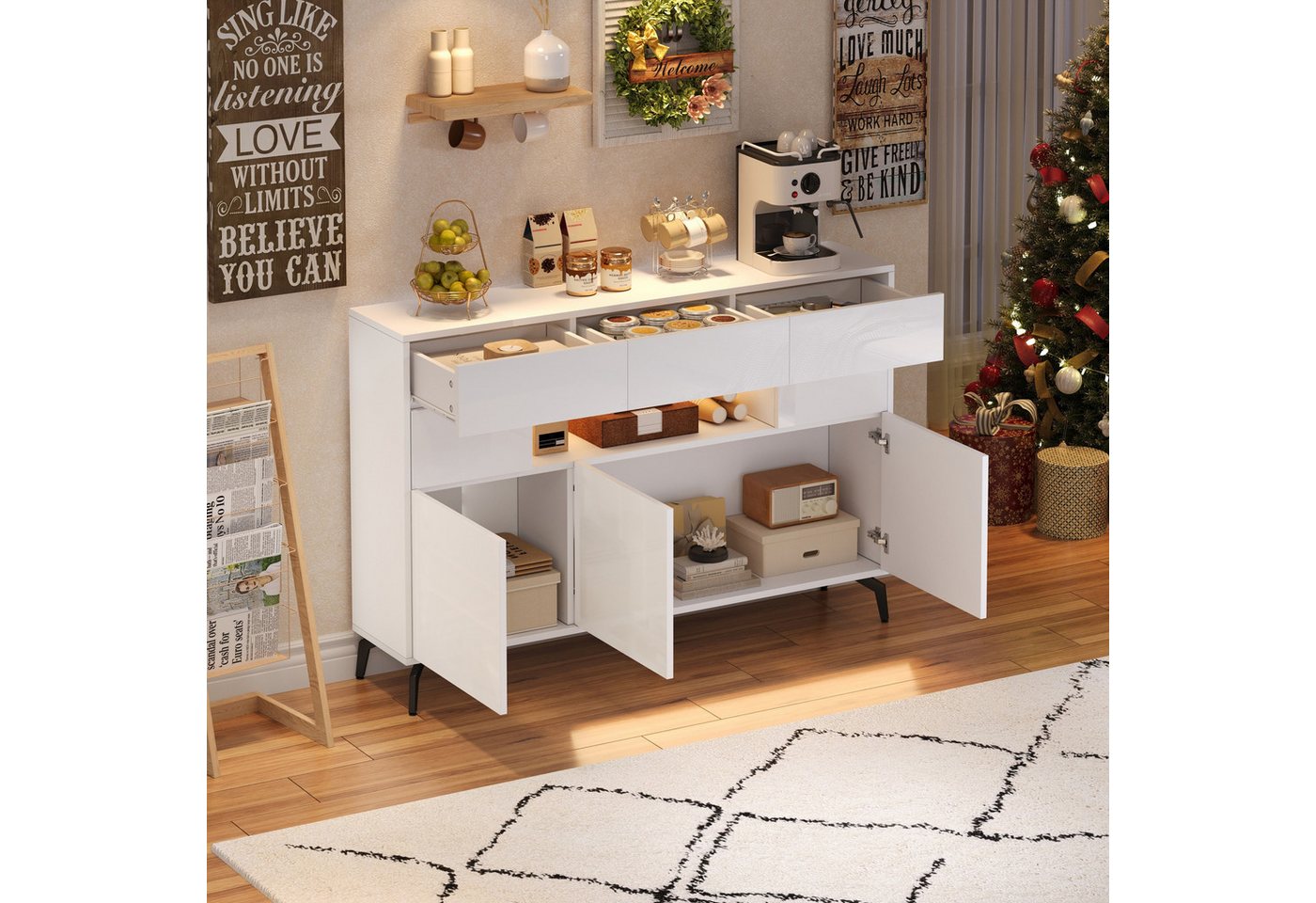 STILVORA Sideboard mit Schubladen,Kommode Aufwahrungsschrank Hochglanz mit LED-Licht (Kommode, Buffetschrank, Wohnzimmermöbel, 1 St., 3 Schubladen und 5 Schränken), Schrank mit 5 Metallbeinen von STILVORA