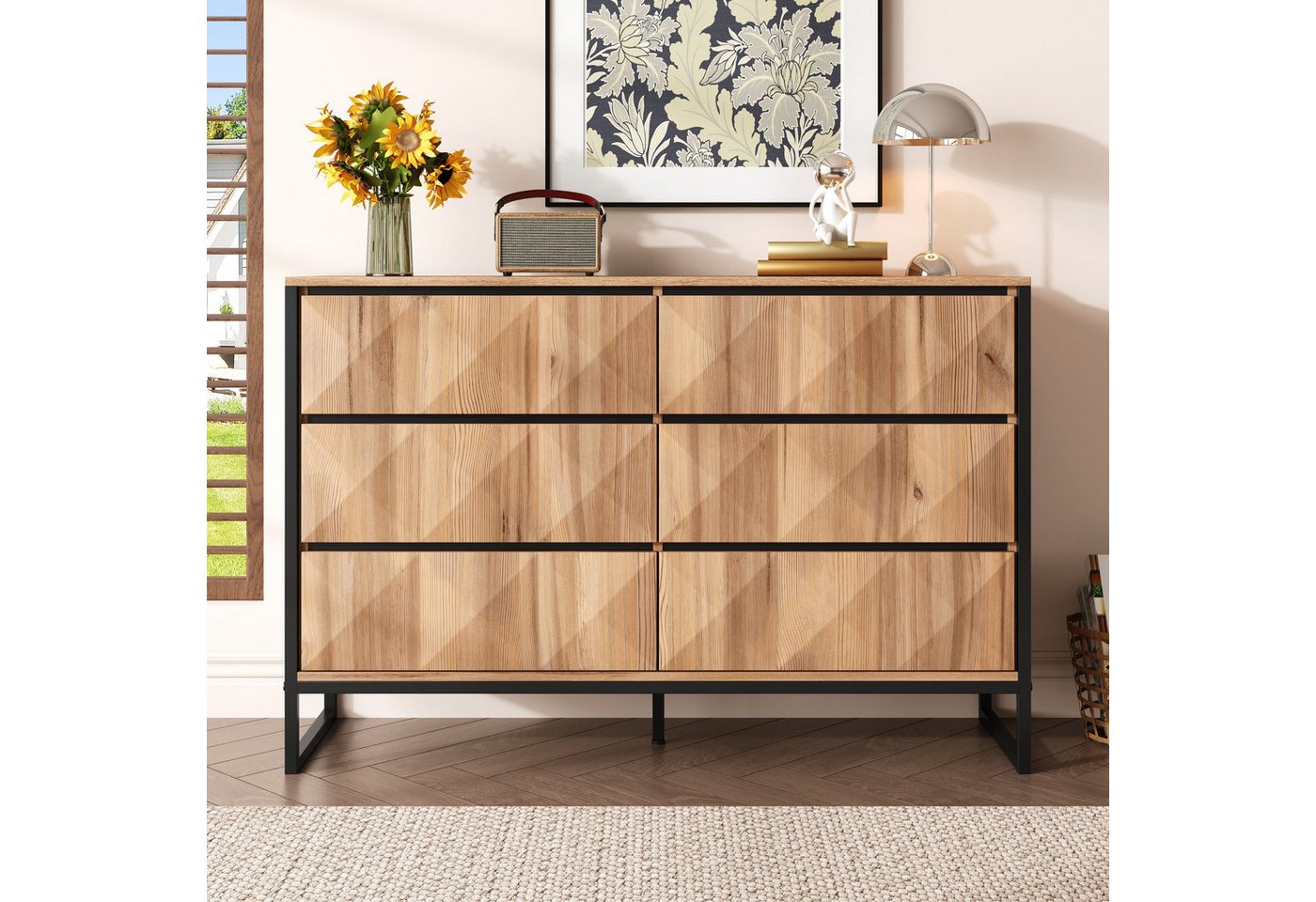 STILVORA Sideboard mit Schubladen,Kommode Aufwahrungsschrank mit Metallbeinen,Holzfarbe (Kommode, Buffetschrank, Organizer, 1 St., Spanplatte+MDF), Metallbeinen und erhöhten Türen von STILVORA