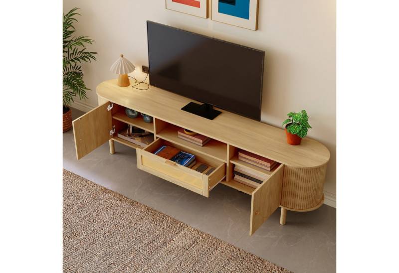 STILVORA Sideboard mit Schubladen,TV-Schrank Fernsehschrank mit offenen Fächern,Holzoptik (Fernsehtisch, Wohnzimmermöbel, 1 St., 1 Rattan-Schubladen,1 offenen Fächern, 2 Türen), abgerundeter Tischplatte, Metallbeinen von STILVORA