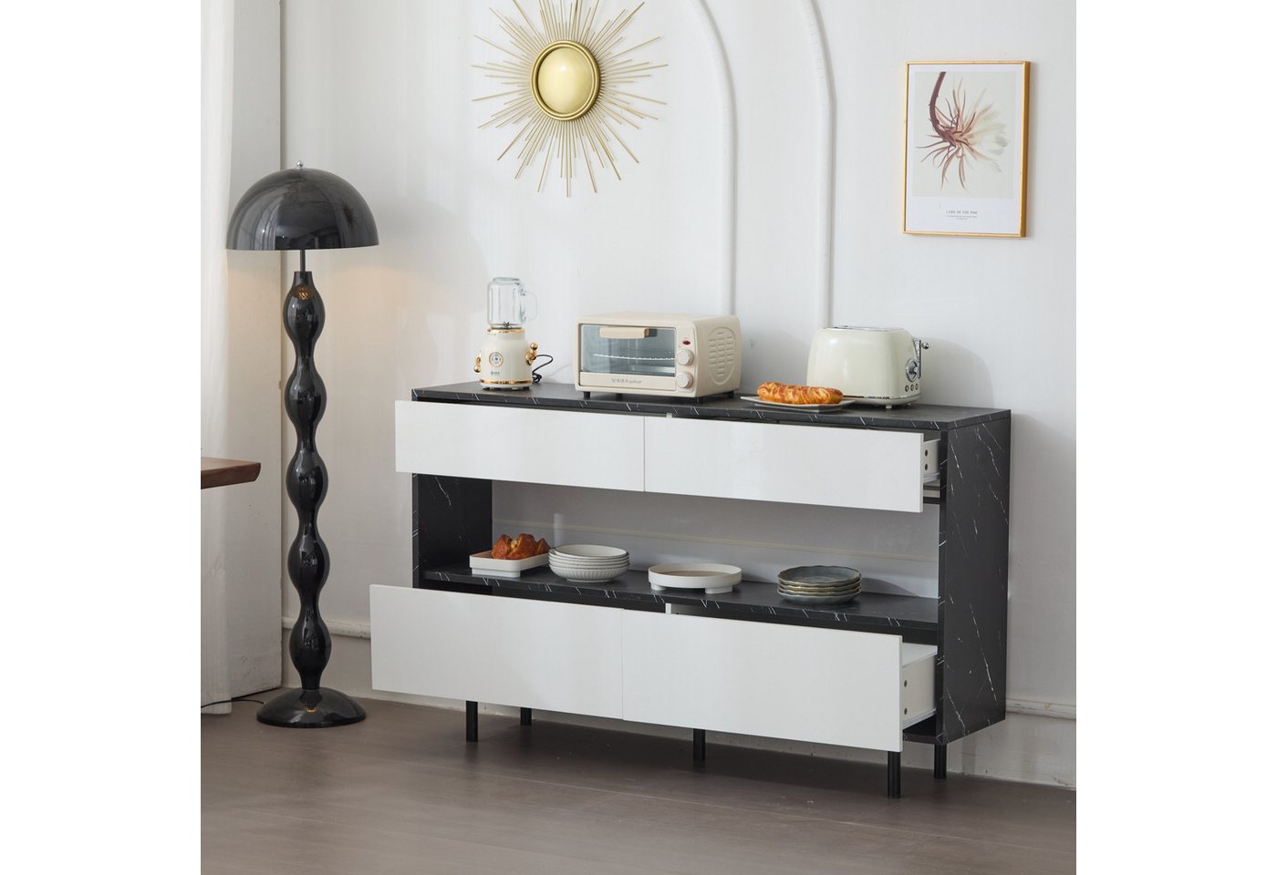 STILVORA Sideboard mit Stauraum,Anrichte Buffetschrank mit Schubladen und LED-Beleuchtung (Aufbewahrungsschrank, Buffetschrank, Küchenmöbel, 1 St., 1 offenem Fach, 4 Schubladen), mit LED-Beleuchtung, geräumiger Stauraum von STILVORA