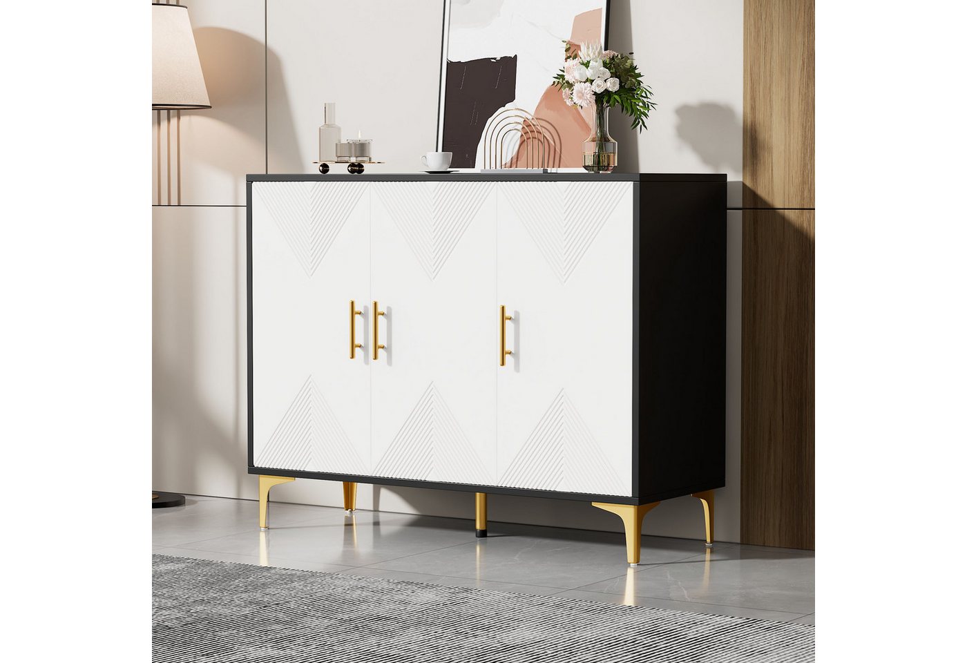 STILVORA Sideboard mit goldenen Griffe&Beinen,Flurschrank mit öffnen&schließen Türen (Anrichte, Wohnzimmerschrank, Aufbewahrungsschrank, 1 St., 3 Türen), mit matt gestreiften Türen, Anti-Kipp-Mechanismus von STILVORA