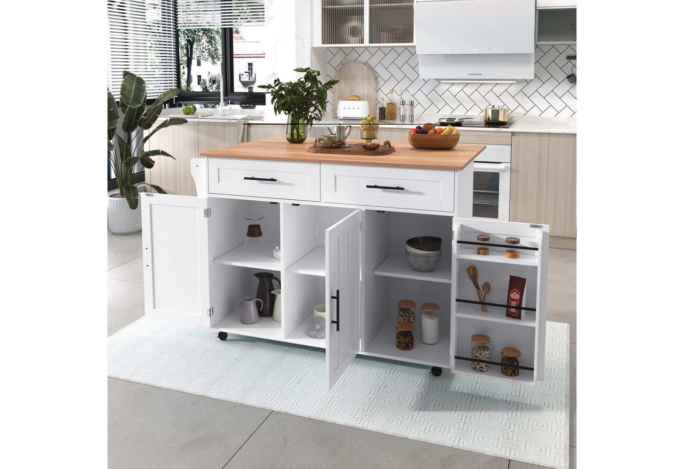STILVORA Sideboard mit klappbare Arbeitsplatte,Buffetschrank Kücheninsel mit Schubladen (1 St., 5 Räder, 3 Tür), mit Ausziehbare Arbeitsplatte,Massivholzbeine umschaltbar von STILVORA