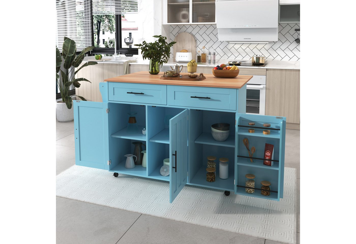 STILVORA Sideboard mit klappbare Arbeitsplatte,Buffetschrank Kücheninsel mit Schubladen (1 St., 5 Räder, 3 Tür), mit Ausziehbare Arbeitsplatte,Massivholzbeine umschaltbar von STILVORA