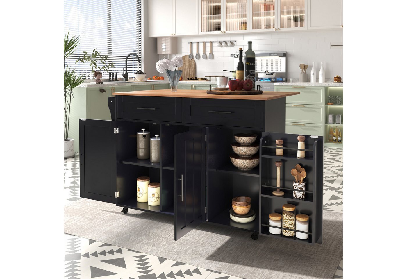 STILVORA Sideboard mit klappbare Arbeitsplatte,Buffetschrank Kücheninsel mit Schubladen (1 St., 5 Räder, 3 Tür), mit Ausziehbare Arbeitsplatte,Massivholzbeine umschaltbar von STILVORA