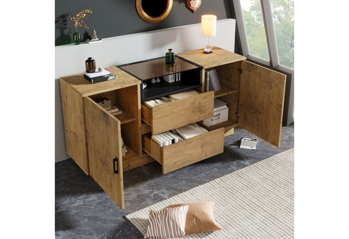 STILVORA Sideboard mit offenem Fach,Kommode Beistellschrank mit 2 Schubladen&Glasschrank (Kommode, 1 St., 2 Schubladen, 2 Schränken (innen höhenverstellbar), 1 offenem Fach), H70/B140/T40 cm von STILVORA
