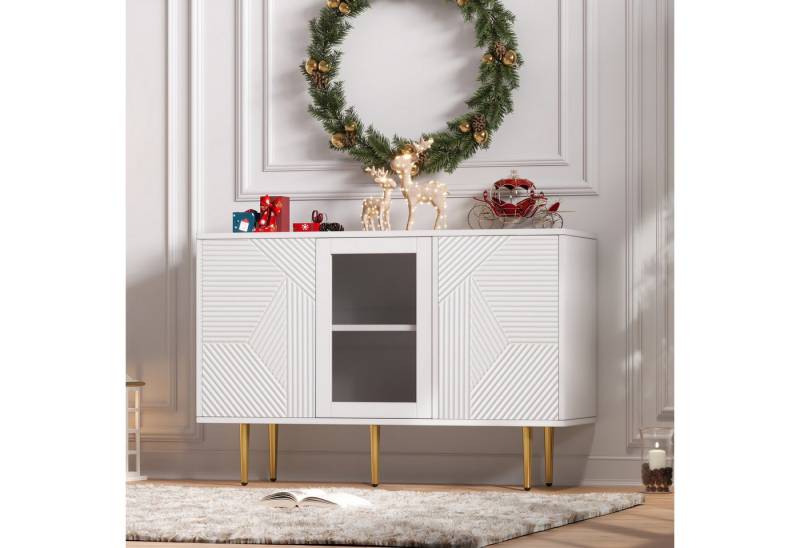 STILVORA Sideboard wohnzimmer Kommode mit Glastüren und Metalfüßen,Buffetschrank weiß (Moderne Kommode mit 3 Türen, Glastüren & Metallfüßen – Robuste Stauraumlösung für Wohnzimmer, Schlafzimmer und Flur., 120 x 38 x 79.5 cm) von STILVORA