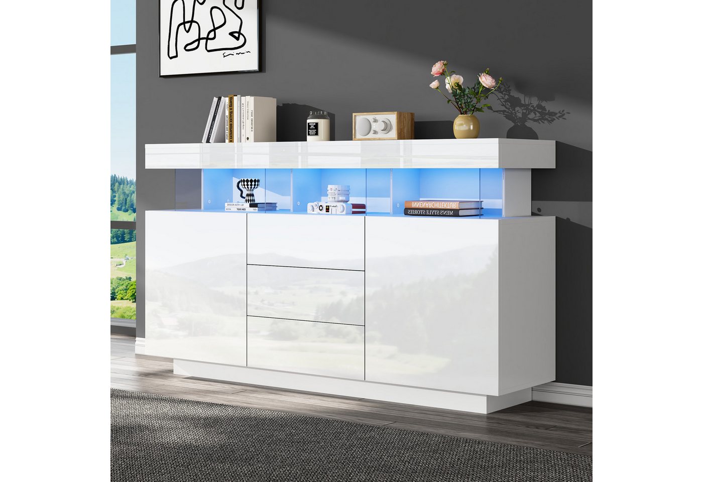 STILVORA Sideboard wohnzimmer weiß,140cm Acryl-Sideboard Küche mit 16-farbigem LED-Licht (Kaffeebar, Kommode, Mehrzweckschrank, 1 St., Spanplatte+Acryl), Hochglanz von STILVORA