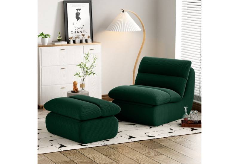 STILVORA Sitzsack Relaxsessel cord Lazy sofa Abnehmbares kleine sofa mit Fußstütze,grün (Lazy sofa Innensofa mit abnehmbarer Rückenlehne und Sitzkissen,Rahmenlose, hochelastische Schaumstoffpolsterung), für Schlafzimmer, Wohnzimmer, Büro von STILVORA