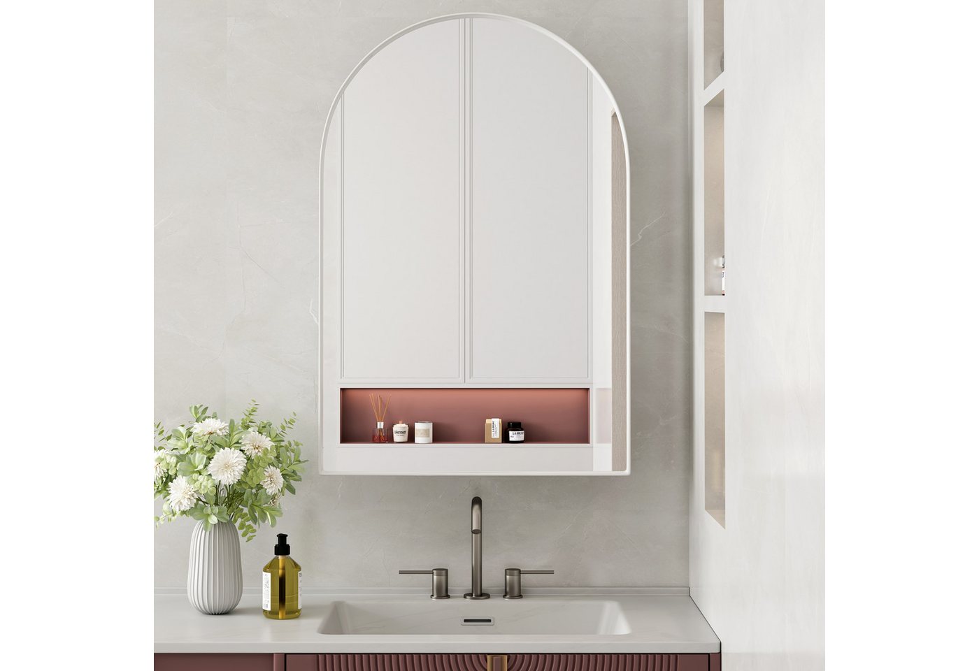 STILVORA Spiegelschrank Wandschrank mit Spiegel&verstellbaren Regalen,gewölbter Badschrank (Bogen-Spiegelschrank mit Metallrahmen & verstellbaren Regalen – Platzsparender Wandmontage- oder Einbauschrank, Langlebig, Nebelfrei und Stylisches Design) von STILVORA