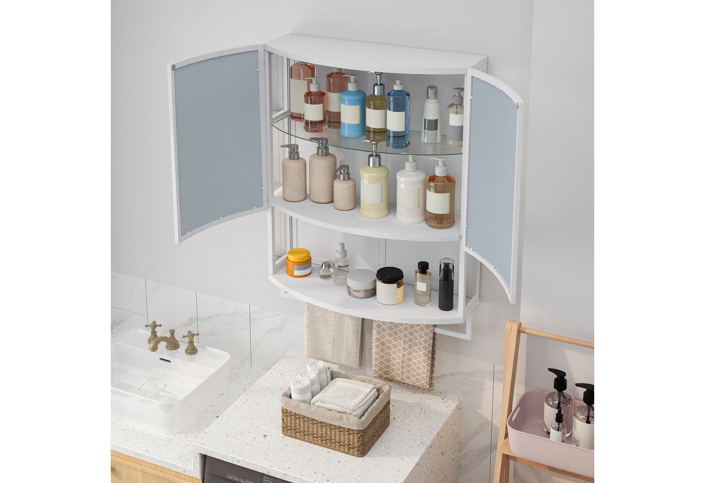 STILVORA Spiegelschrank mit Glastüren,Badezimmerschrank Wandschrank mit Handtuchhalter®al (mit Rundbogen-Design und Spiegel, Doppeltür mit Stoßfestem Spiegel, Praktischer Stauraum, Ausführung mit Offenem Regal & Handtuchhalter) von STILVORA