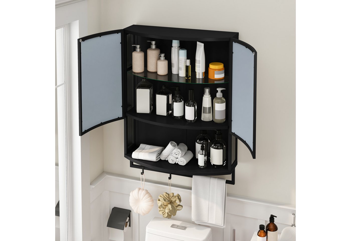 STILVORA Spiegelschrank mit Glastüren,Badezimmerschrank Wandschrank mit Handtuchhalter®al (mit Rundbogen-Design und Spiegel, Doppeltür mit Stoßfestem Spiegel, Praktischer Stauraum, Ausführung mit Offenem Regal & Handtuchhalter) von STILVORA