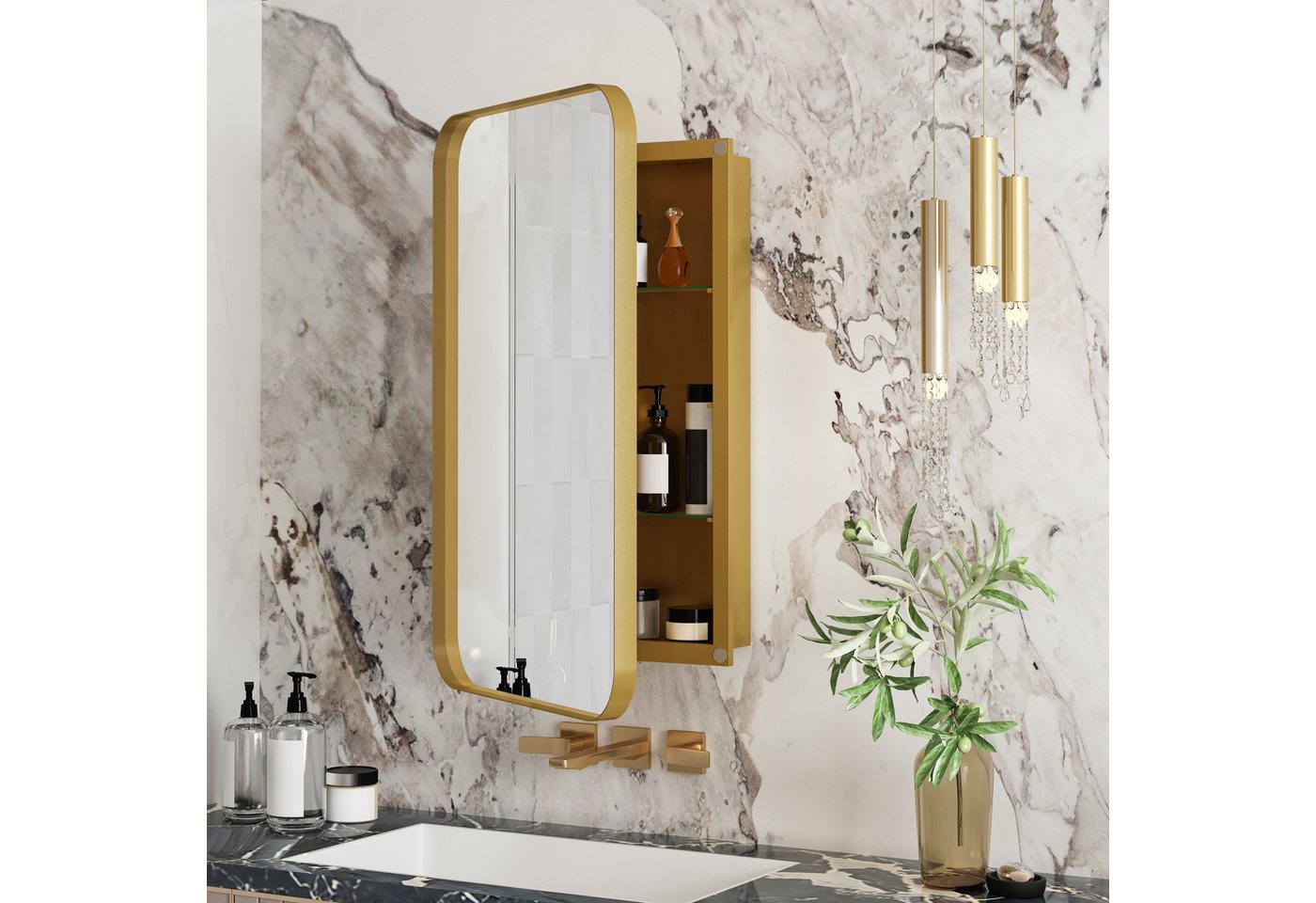STILVORA Spiegelschrank mit Metallrahmen,Rectangle Bronzespiegel Badezimmerspiegel mit Regalen (mit Metallrahmen, Wand-Medikamentenschrank mit verstellbaren Böden & Stauraum) von STILVORA