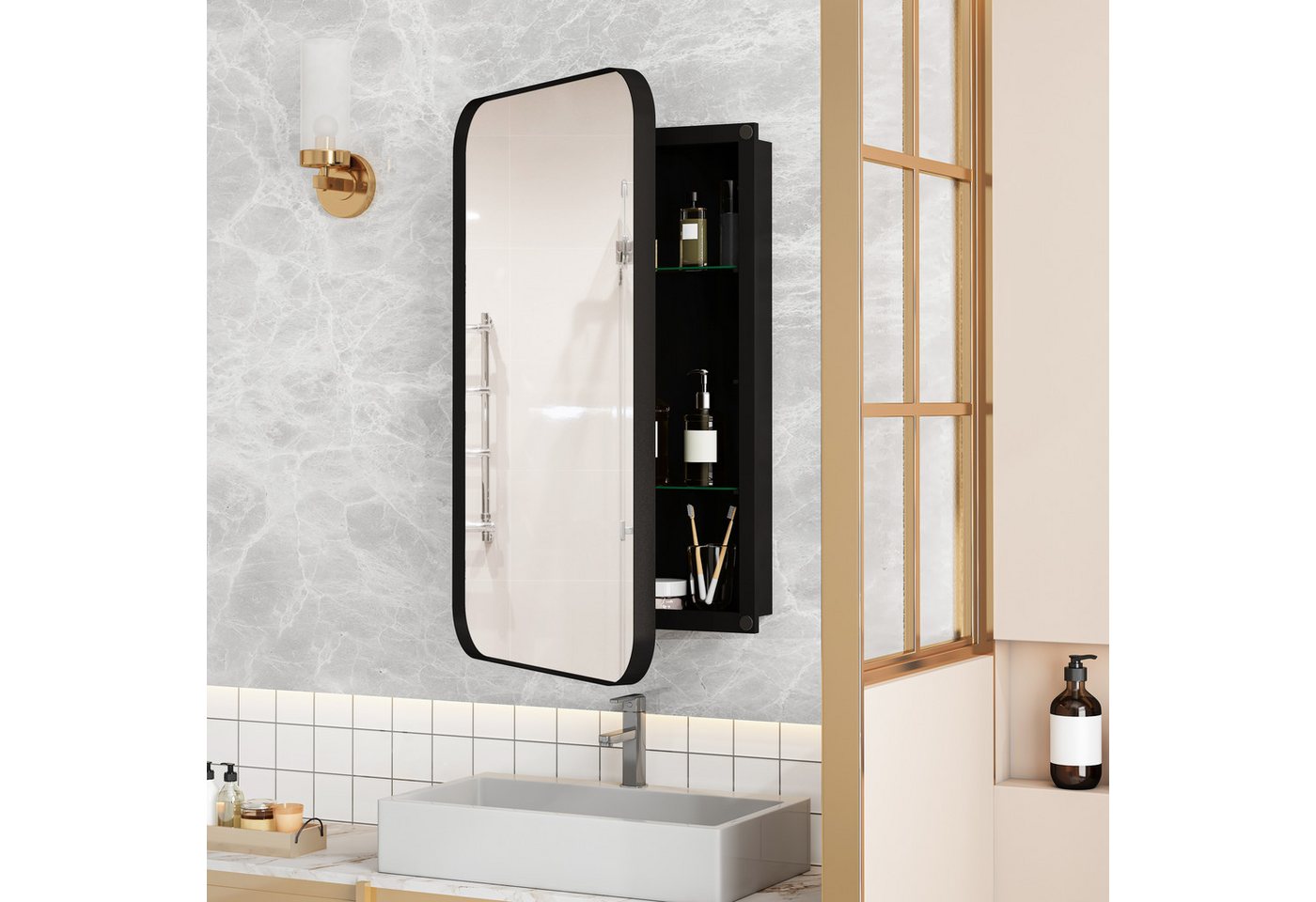 STILVORA Spiegelschrank mit Metallrahmen,Rectangle Bronzespiegel Badezimmerspiegel mit Regalen (mit Metallrahmen, Wand-Medikamentenschrank mit verstellbaren Böden & Stauraum) von STILVORA