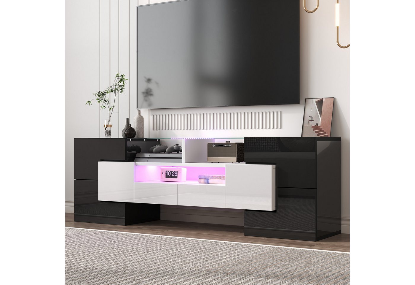STILVORA TV-Schrank mit LED-Licht,TV-Schrank TV-Regal mit 6 Türen,2 Schubladen&3Fächern (TV-Schrank,Fernsehtisch,TV-Board, 1-St., 6 Türen, 2 Schubladen, großzügiger Stauraum) mit LED-Beleuchtung, einfach aufzubauen, für modernes Wohnen von STILVORA