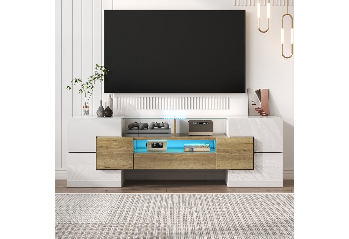 STILVORA TV-Schrank mit LED-Licht,TV-Schrank TV-Regal mit 6 Türen,2 Schubladen&3Fächern (TV-Schrank,Fernsehtisch,TV-Board, 1-St., 6 Türen, 2 Schubladen, großzügiger Stauraum) mit LED-Beleuchtung, einfach aufzubauen, für modernes Wohnen von STILVORA