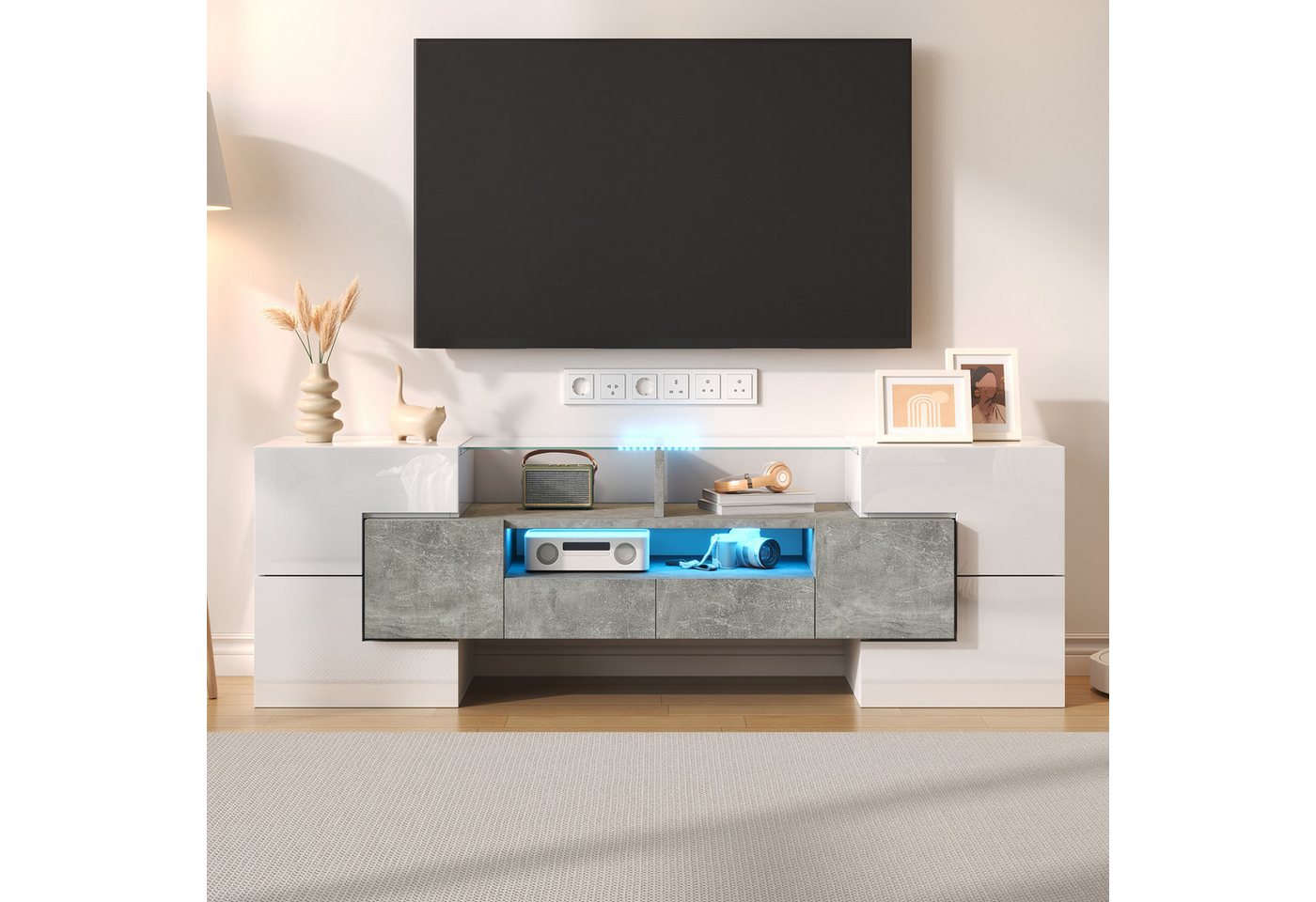 STILVORA TV-Schrank mit LED-Licht,TV-Schrank TV-Regal mit 6 Türen,2 Schubladen&3Fächern (TV-Schrank,Fernsehtisch,TV-Board, 1-St., 6 Türen, 2 Schubladen, großzügiger Stauraum) mit LED-Beleuchtung, einfach aufzubauen, für modernes Wohnen von STILVORA