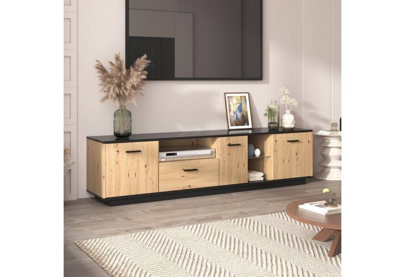 STILVORA TV-Schrank mit Schublade,TV-Schrank LED-Lowboard mit 3 Türen&2 offene Glasfächer (180 L x 40 B x 45 H(cm) Schwarze und natürliche Holzfarben,15 variable LED-Leuchten. von STILVORA