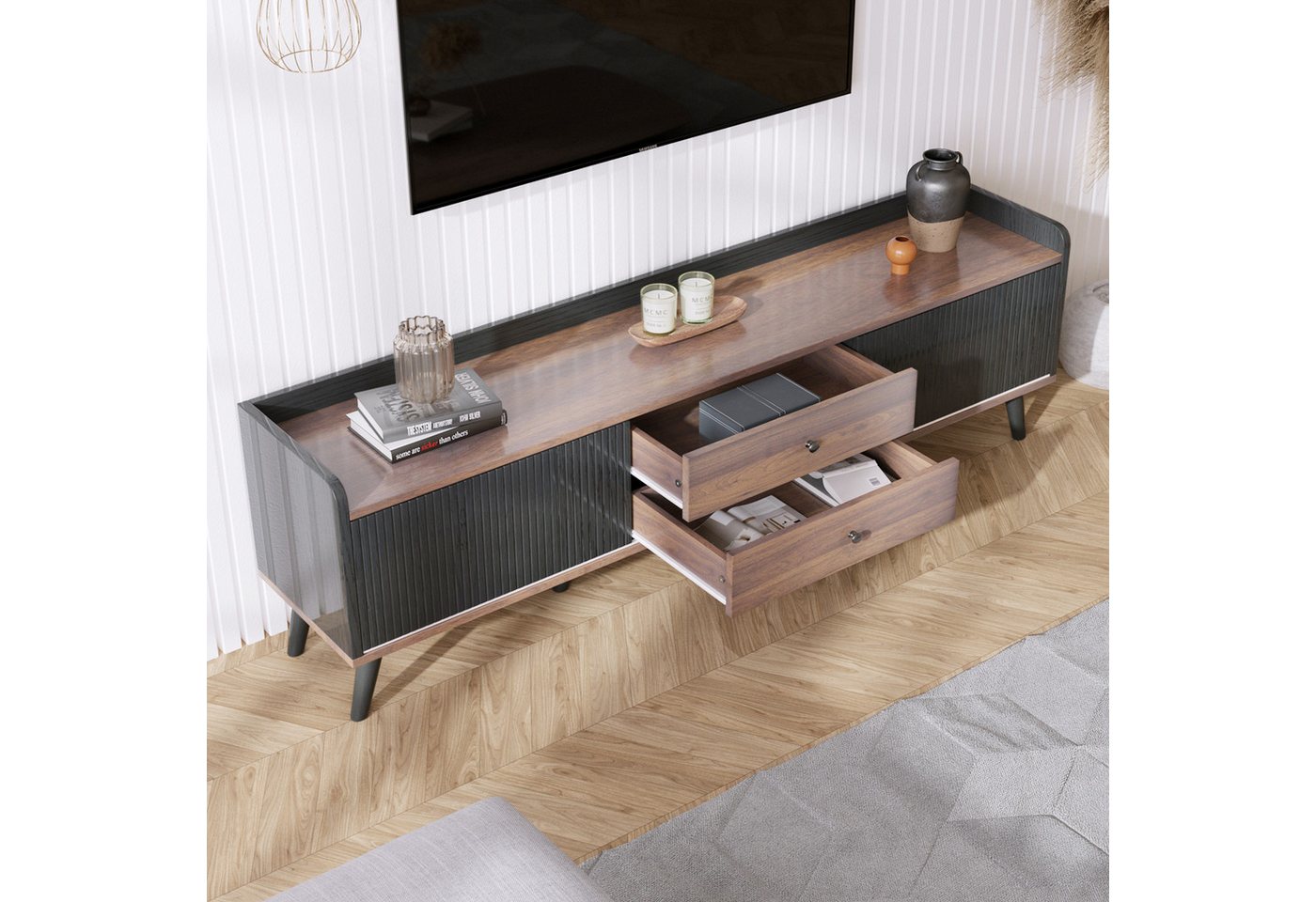 STILVORA TV-Schrank mit Schubladen,TV-Schrank Fernsehschrank mit Schiebetüren,Holzfarbe (H58/L160/T40 cm) Multifunktionales Design,Spezielles farblich passendes Design von STILVORA
