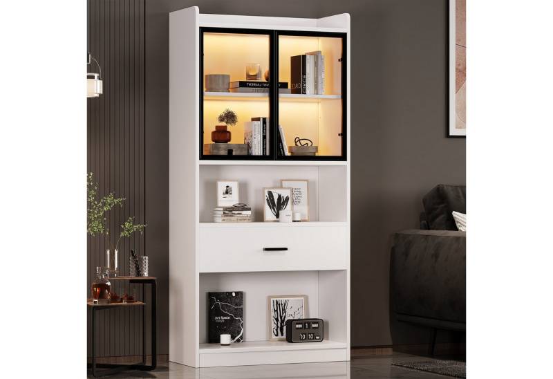 STILVORA Vitrine 153 Highboard Sideboard mit LED-leuchten,Kommode mit Pop-up Glastüren (Aufbewahrungsregale, Bücherregal Vitrine, Display Regal, 1-St., 1 Vitrine(2 Türen, 1 Schublade, 2 offene Fächer) mit Glastüren, LED-Beleuchtung 16 Lichtfarben von STILVORA