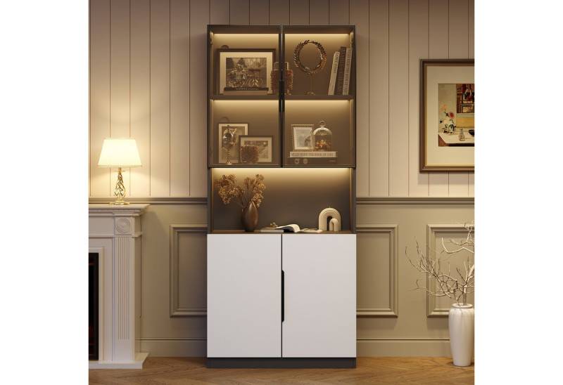 STILVORA Vitrine 2m Highboard Sideboard mit LED-leuchten und Glastüren,Beistellschrank (Bücherregal für Sammlerstücke, 1-St., 4 Türen(2 Glastüren) mit LED-Leuchten,Glastüren und Aluminiumrahmen für Dekoration von STILVORA