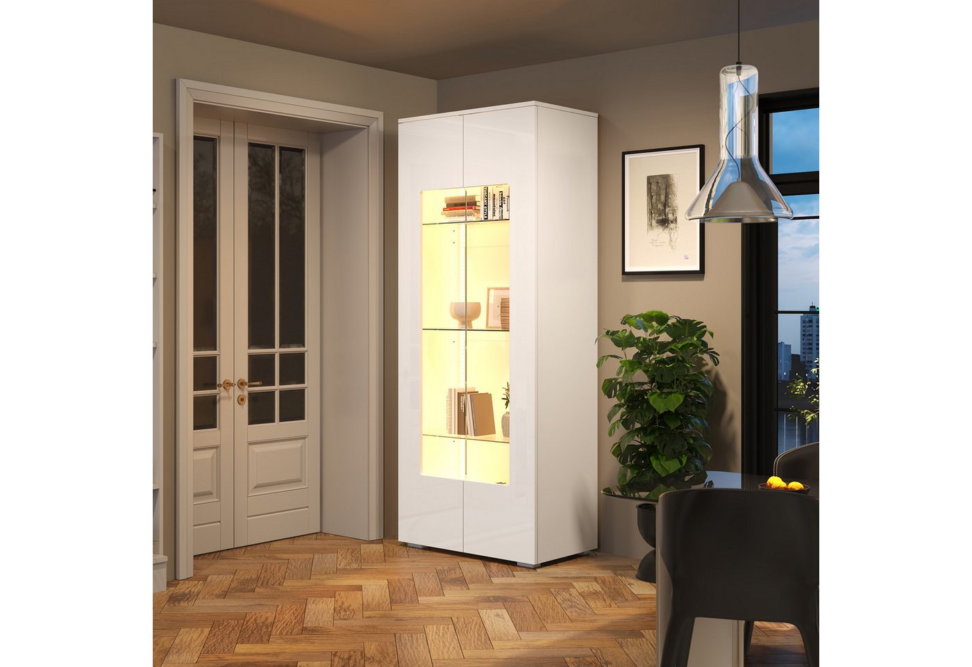 STILVORA Vitrine mit Glasboden,Standvitrine Hochschrank Hochglanz mit Acryltüren&LED (Packung, 1-St., mit 2 Acryltüren, LED-Lichtleiste) Tragender Schrank aus gehärtetem Glas von STILVORA