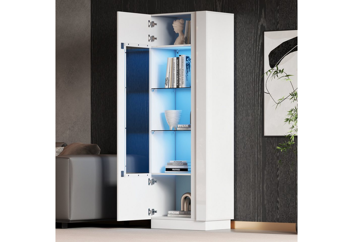 STILVORA Vitrine mit Glastrennwänden,Hochschrank Standvitrine mit LED-Licht&Acryltür (Highboard, Sofaschrank, 1-St., Schranktür aus Acryl + 3 Glasboden) Hochglanz Lagerschrank mit LED-Beleuchtung von STILVORA