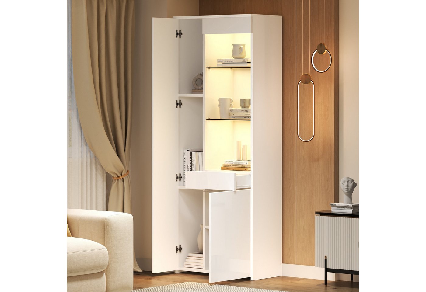 STILVORA Vitrine mit Glastrennwänden,Hochschrank Standvitrine mit LED-Licht&Schubladen (Hochschrank, Highboard, 1-St., 70*35*180cm) Hochglanz Glasvitrine mit Schubladen, LED-Beleuchtung von STILVORA