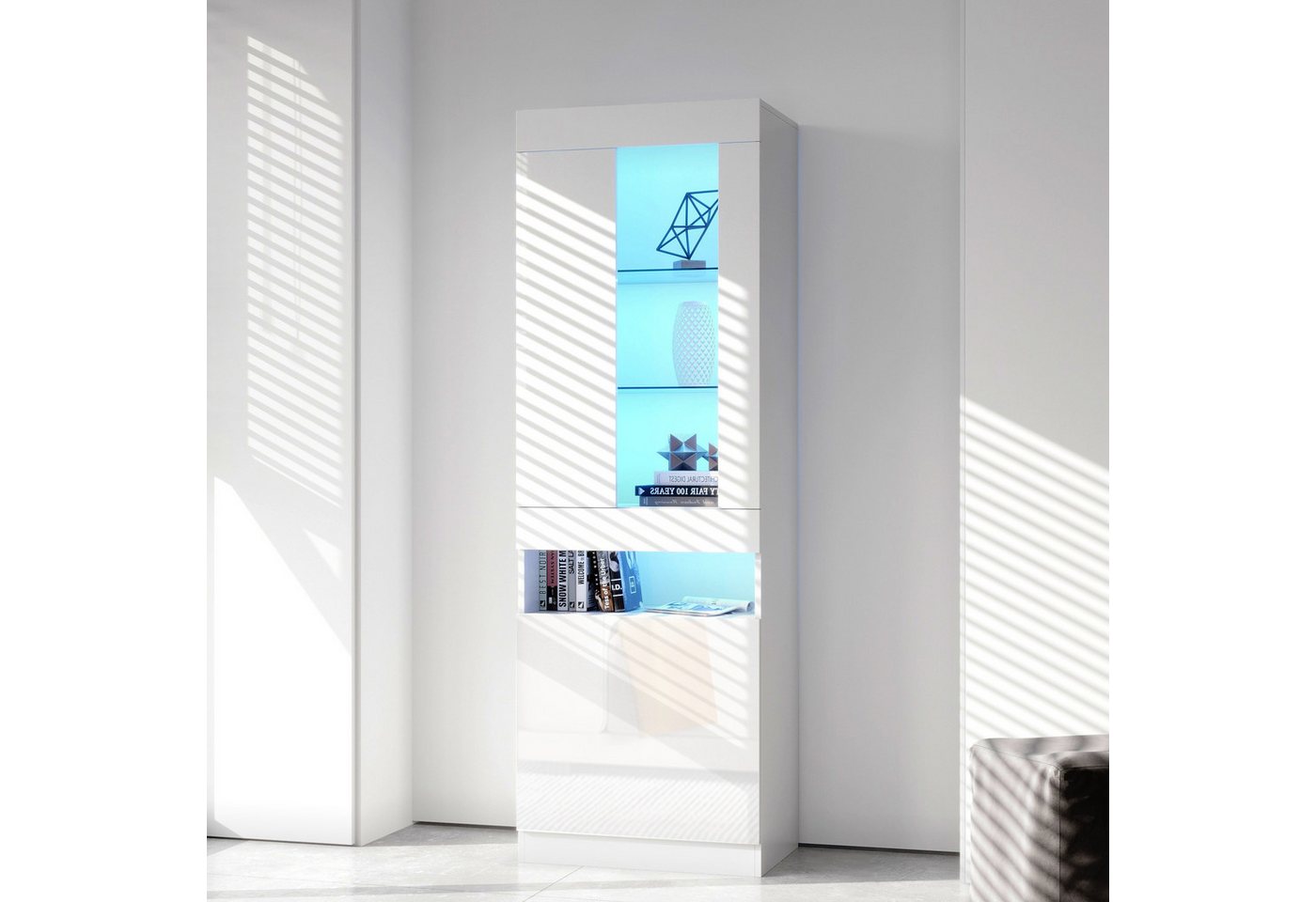 STILVORA Vitrine mit LED-Beleuchtung,Hochschrank Standvitrine mit Ablagefach,Weiß von STILVORA