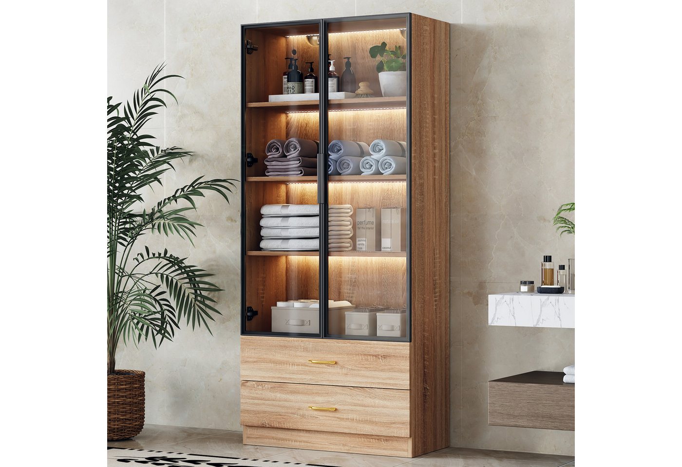 STILVORA Vitrine mit LED-Licht,Badezimmerschrank mit 2 Glastüren&2 großen Schubladen (1-St) von STILVORA