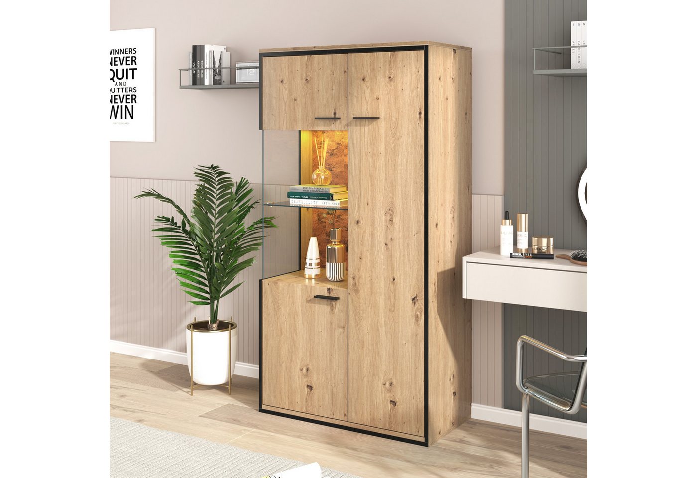STILVORA Vitrine mit LED-Licht,Hochschrank Standvitrine mit Glastür&Glasboden,Holzfarbe STILVORA Vitrine mit LED-Licht,Hochschrank Standvitrine mit Glastür&Glasboden,Holzfarbe von STILVORA