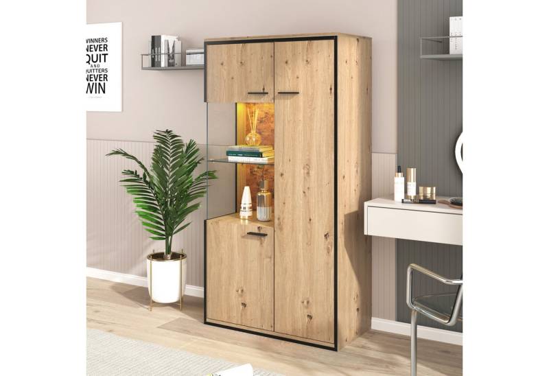 STILVORA Vitrine mit LED-Licht,Hochschrank Standvitrine mit Glastür&Glasboden,Holzfarbe von STILVORA