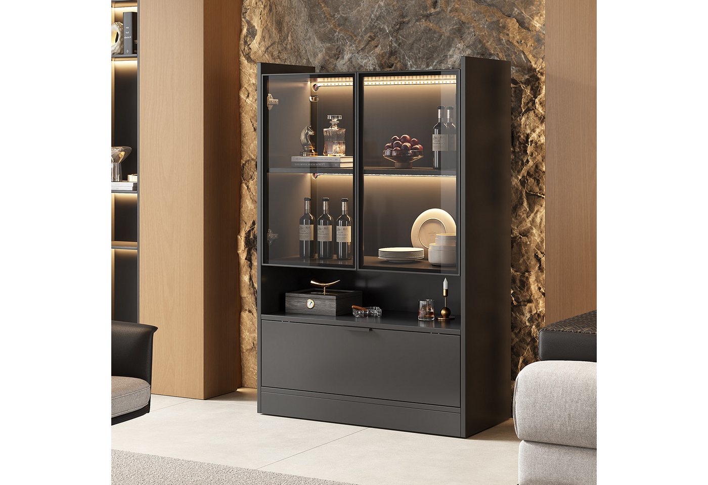 STILVORA Vitrine mit LED-leuchtung,Glasvitrine Standvitrine mit Klapptür®al,schwarz von STILVORA