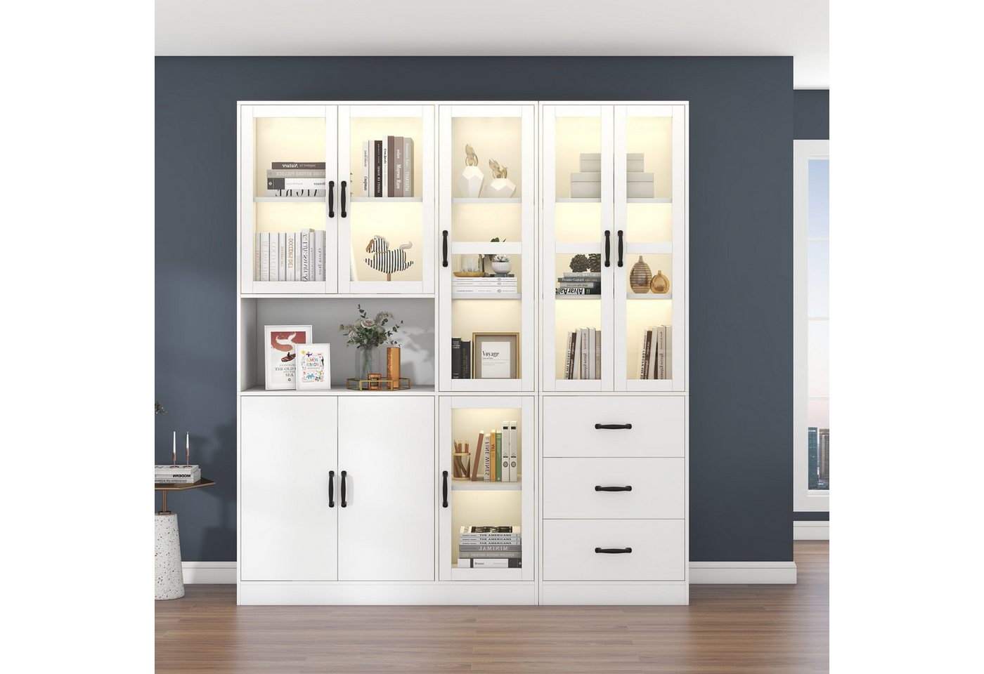 STILVORA Vitrine mit LED&Schubladen,2er-Set Standvitrine Hochschrank mit Glastüren (Buffet Hochschrank, 2-St., 200 cm hoch und 180 cm lang, weiße Standvitrine mit LED-Beleuchtung) von STILVORA