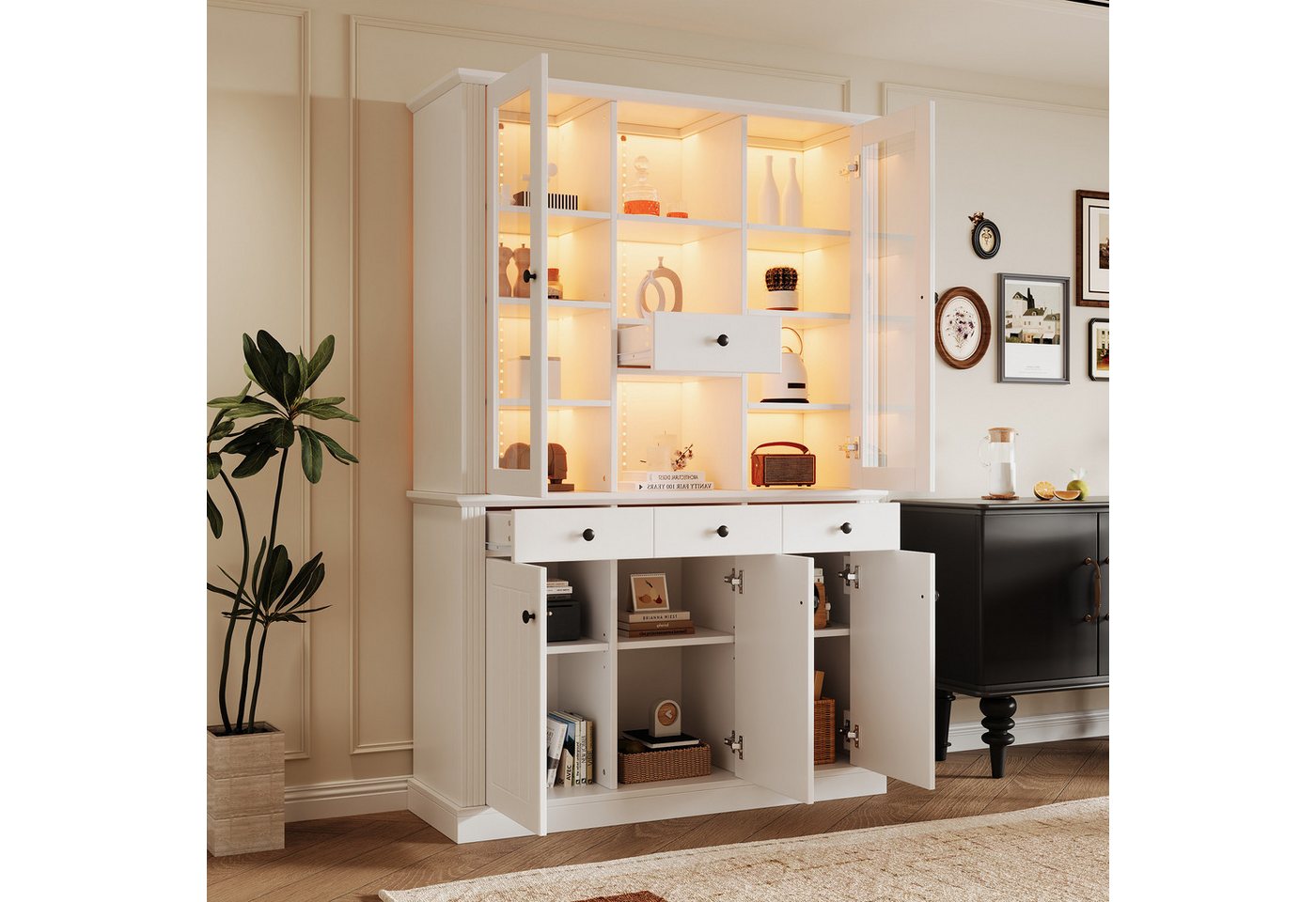 STILVORA Vitrine mit Schubladen,Hochschrank Highboard mit LED-Beleuchtung&Glastür (Wohnzimmerschrank, Highboard, 1-St., mit 4 Schubladen und 5 Türen) mit 16 Farben LED-Lichtstreifen von STILVORA