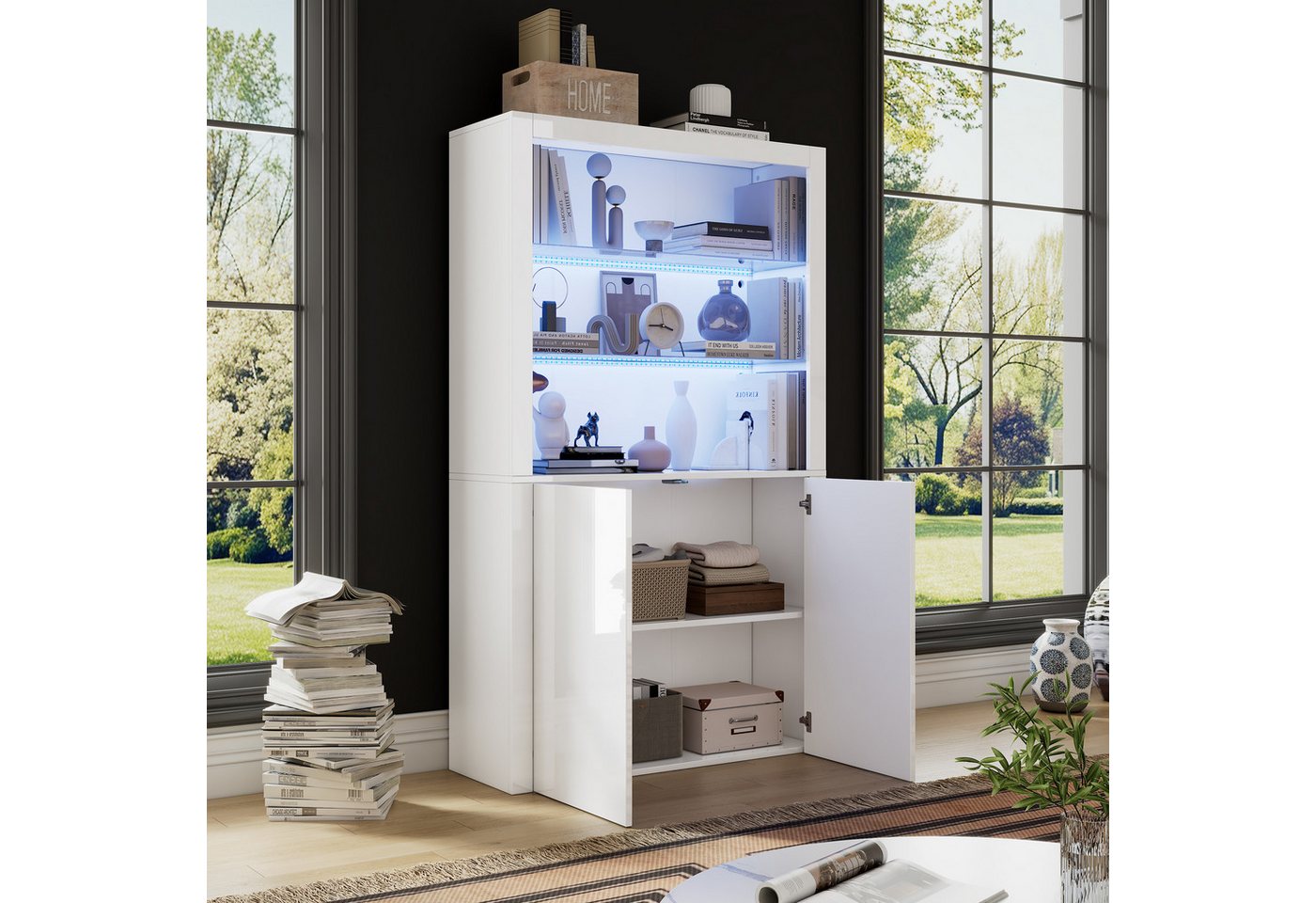 STILVORA Vitrine vitrinenschrank mit LED,Hochglanz-Sideboard Highboard mit Stauraum (Sideboard, Wohnzimmerschrank, Organizer, 1-St., Displayschicht aus gehärtetem Glas) mit LED-Leuchten von STILVORA