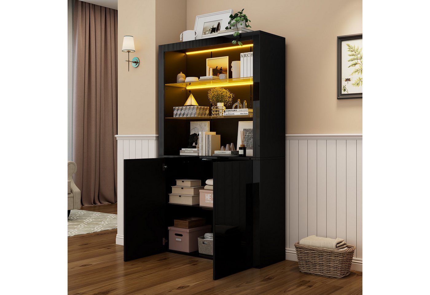 STILVORA Vitrine vitrinenschrank mit LED,Hochglanz-Sideboard Highboard mit Stauraum (Sideboard, Wohnzimmerschrank, Organizer, 1-St., Displayschicht aus gehärtetem Glas) mit LED-Leuchten von STILVORA