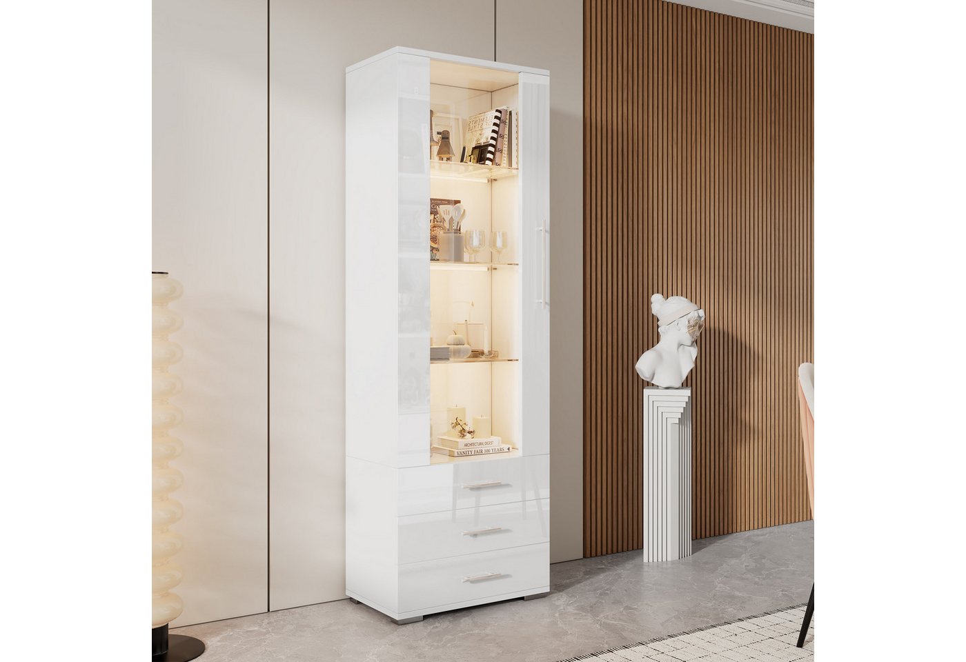 STILVORA Vitrine wohnzimmerschrank mit Glastür,Highboard mit LED-Beleuchtung&Schubladen (Hochschrank, Highboard, Standvitrine , 1-St., mit LED-Beleuchtung) 3 Schubladen, 1 Glastür von STILVORA
