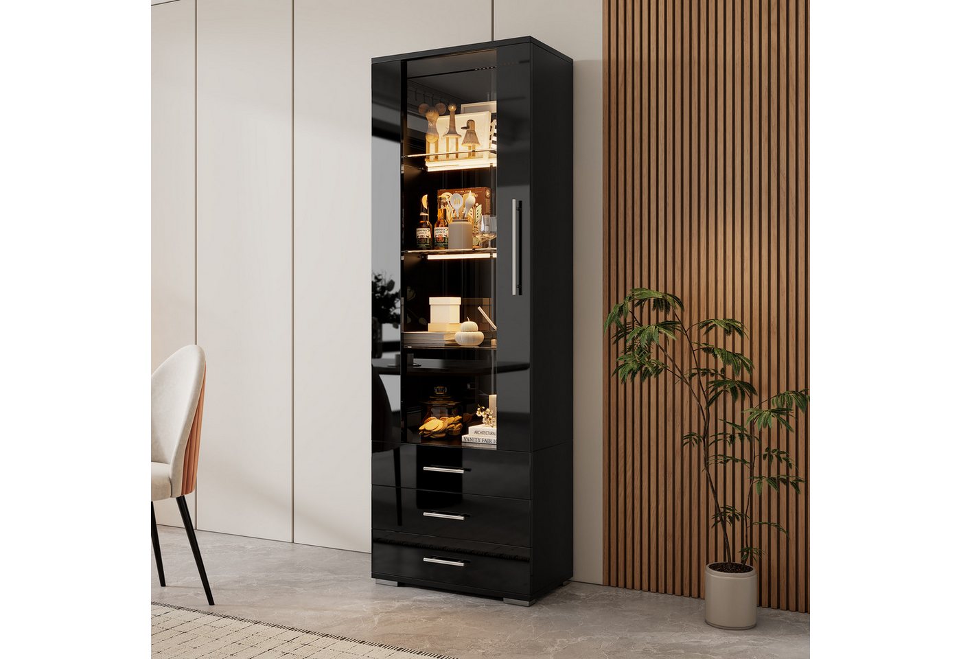 STILVORA Vitrine wohnzimmerschrank mit Glastür,Highboard mit LED-Beleuchtung&Schubladen (Hochschrank, Highboard, Standvitrine , 1-St., mit LED-Beleuchtung) 3 Schubladen, 1 Glastür von STILVORA