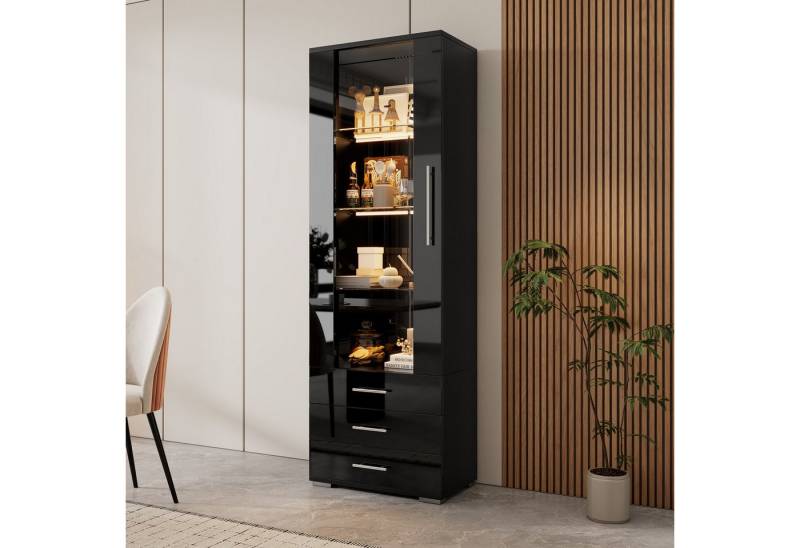 STILVORA Vitrine wohnzimmerschrank mit Glastür,Highboard mit LED-Beleuchtung&Schubladen (Hochschrank, Highboard, Standvitrine , 1-St., mit LED-Beleuchtung) 3 Schubladen, 1 Glastür von STILVORA