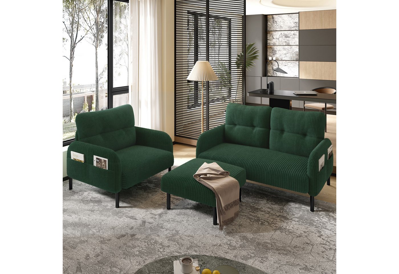 STILVORA Wohnzimmer-Set Cord 3er-Set Loungesofa Sitzgruppe,Hocker&2er-Sofa mit Seitentaschen von STILVORA